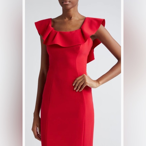 NWT $1990 Carolina Herrera Ruffle Neck Sleeveless Crepe Pencil Dress, CRIMSON! - Picture 4 of 6